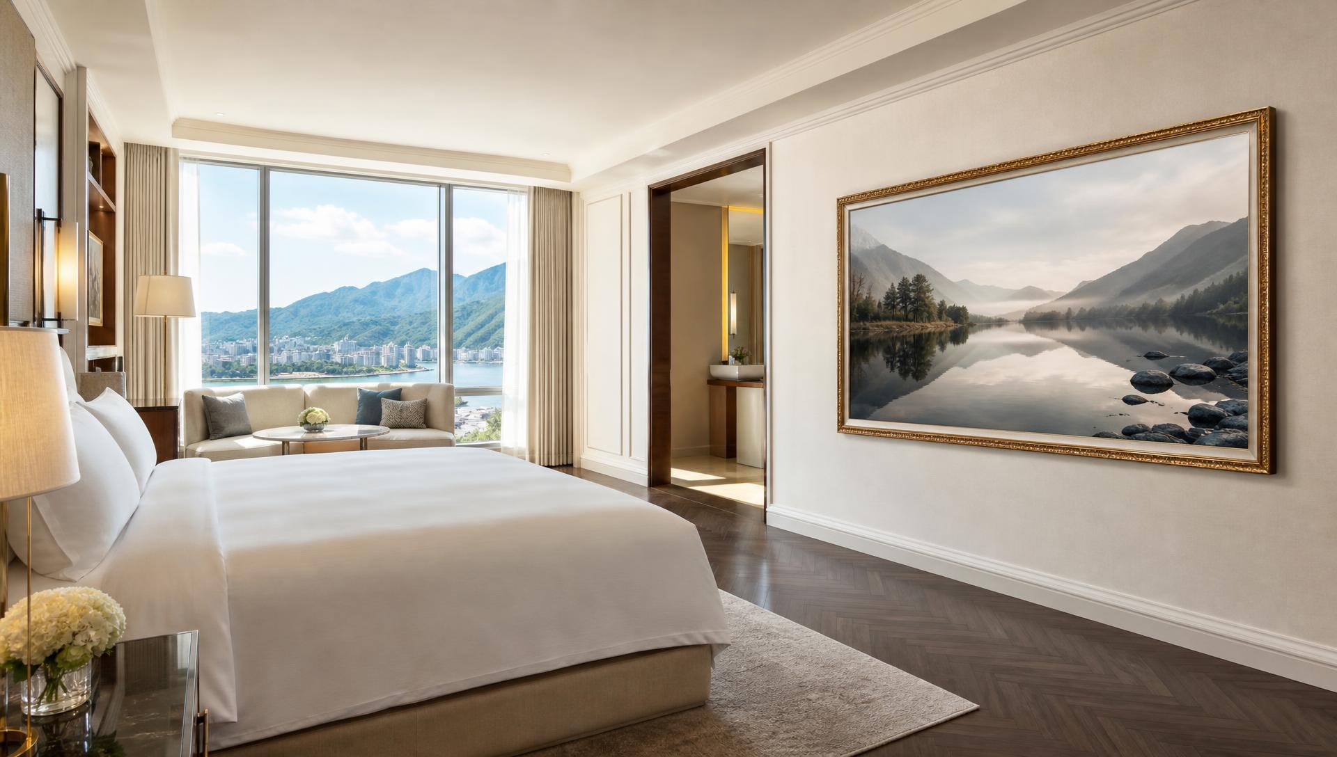 Hotel suite with a king bed and a Samsung Frame TV in an ornate gold bezel displaying artwork